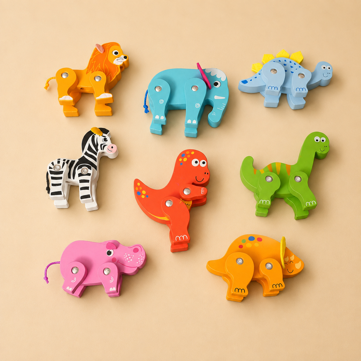 Wooden Flexi Safari Animals & Dinosaurs Toy Figures Set