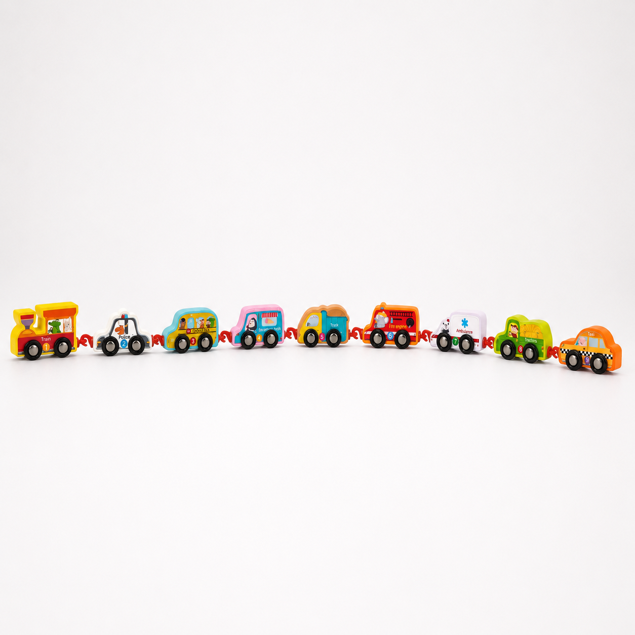 Wooden Numbered Vehicle Train Linkable Toy Set (9-Car Set)