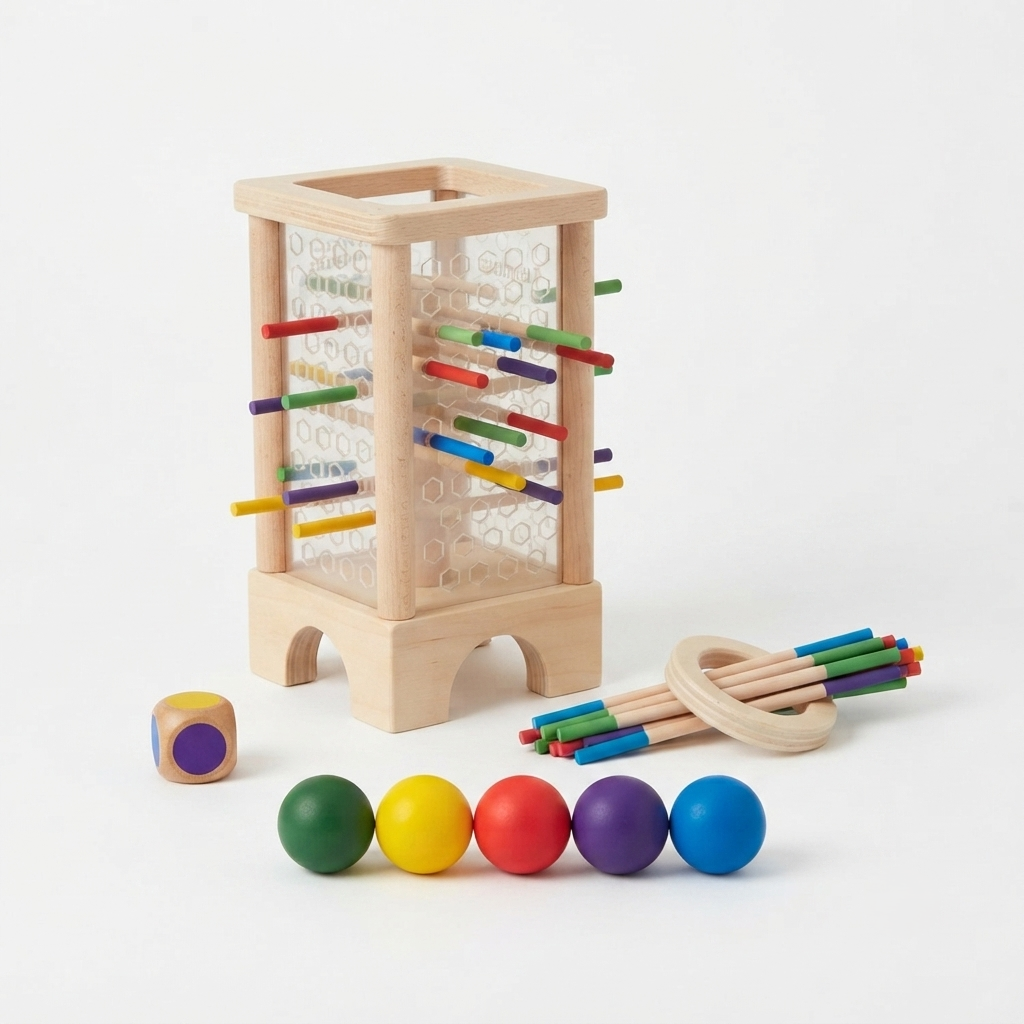 Wooden Tumble Stick & Acrylic Drop-the-Ball Family Game