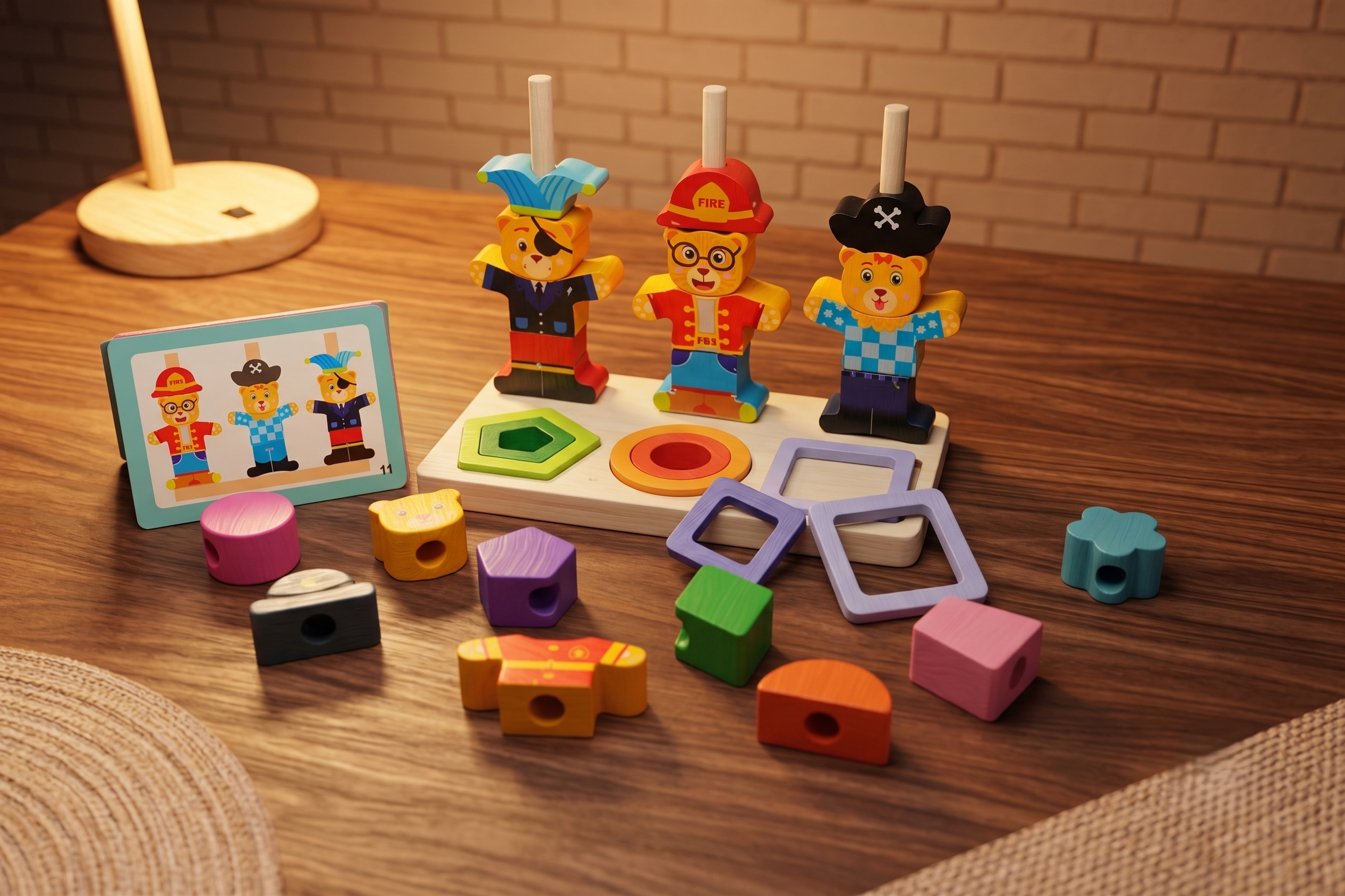 Wooden Bear Dress-Up Showcase & Geometric Shape Stacking Peg Puzzle