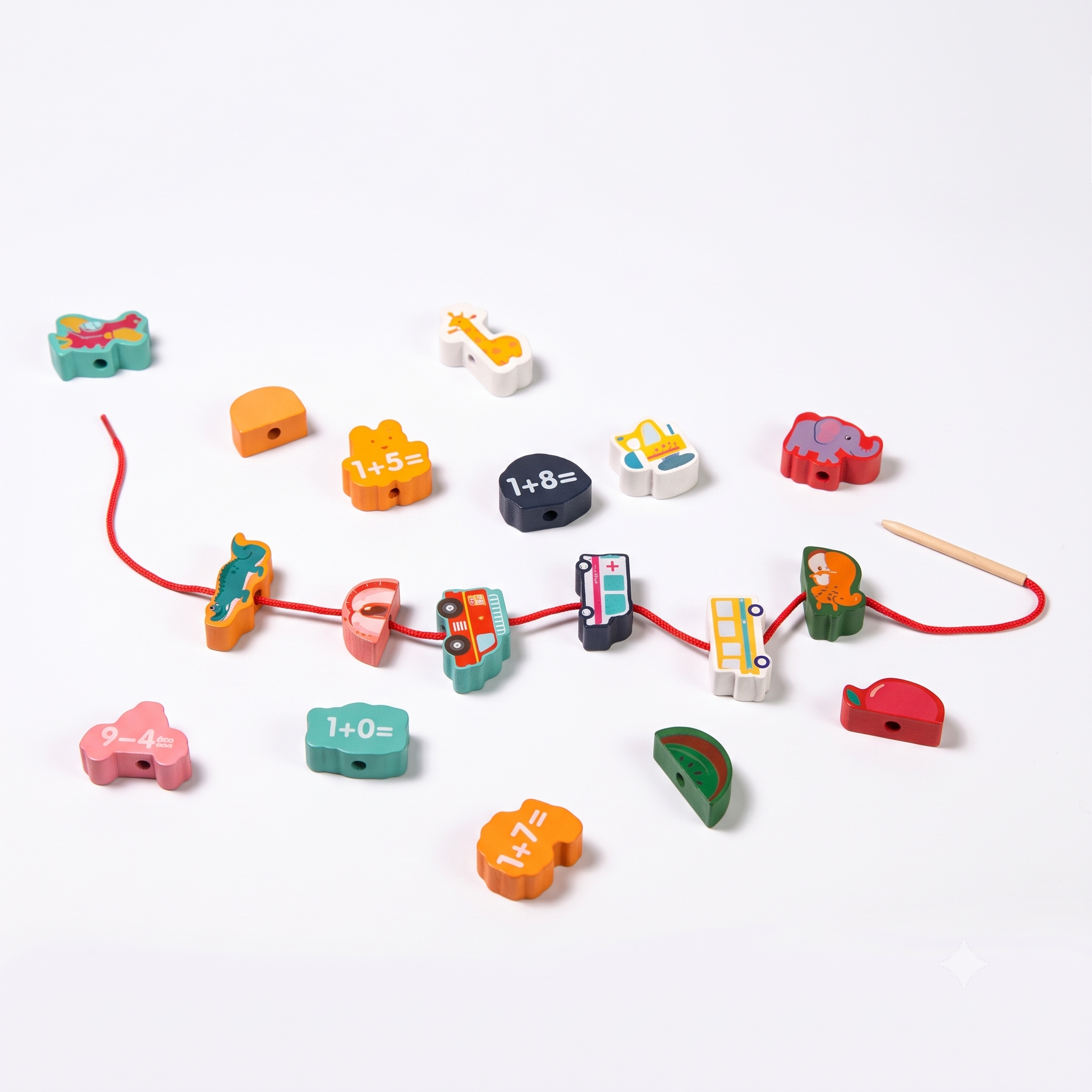Montessori Wooden Animal & Math Equation Lacing Beads Set