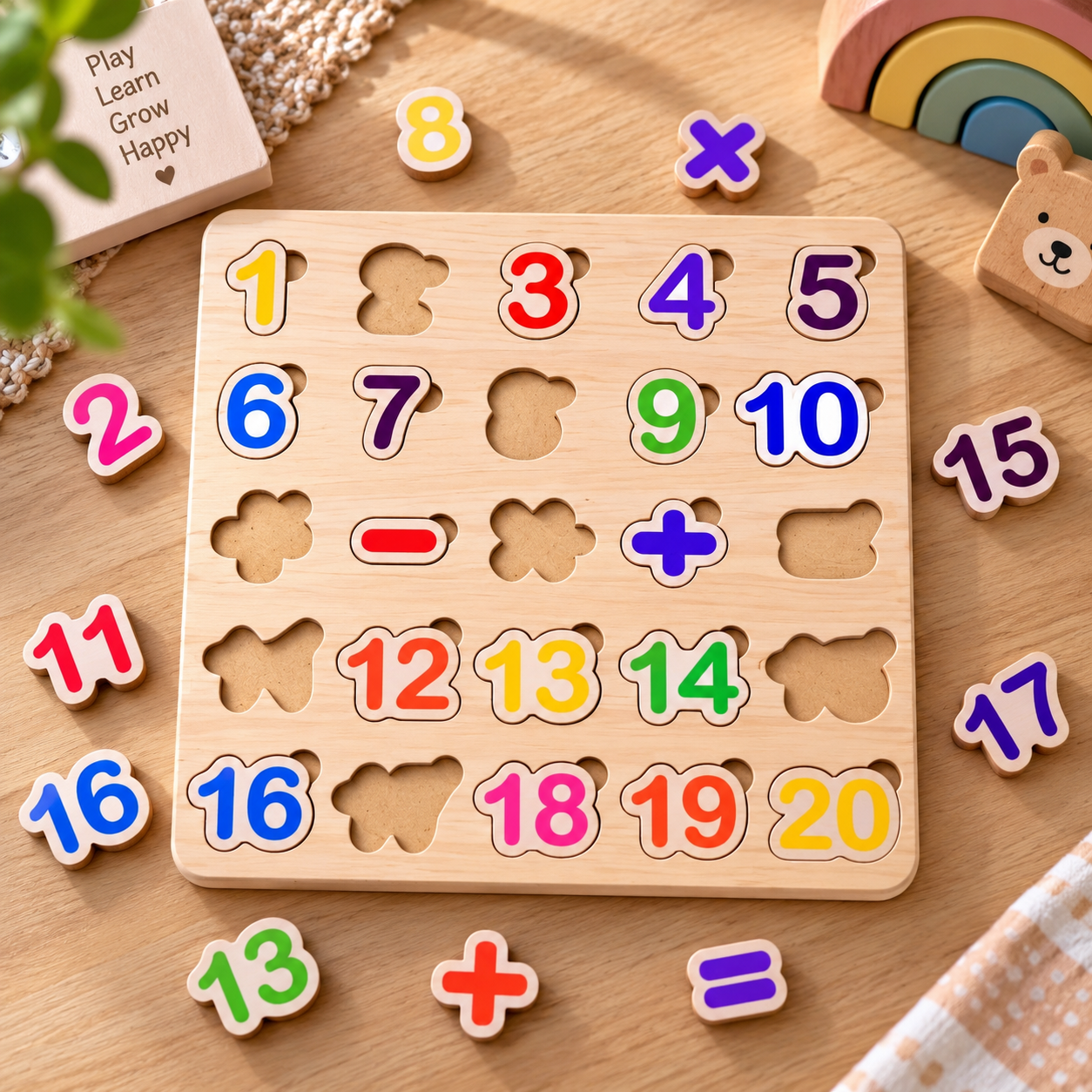Montessori Wooden Numbers 1-20 & Mathematical Symbols Learning Insert Puzzle Board