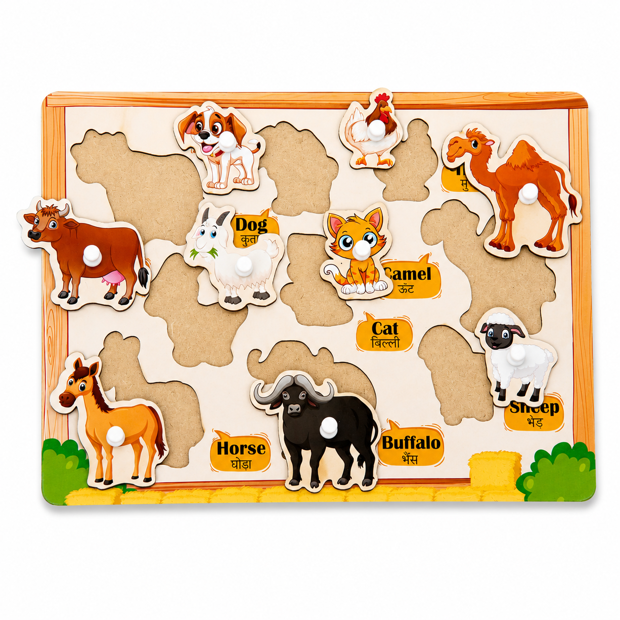 Montessori Wooden Bilingual Domestic Animals Learning Peg Puzzle Board