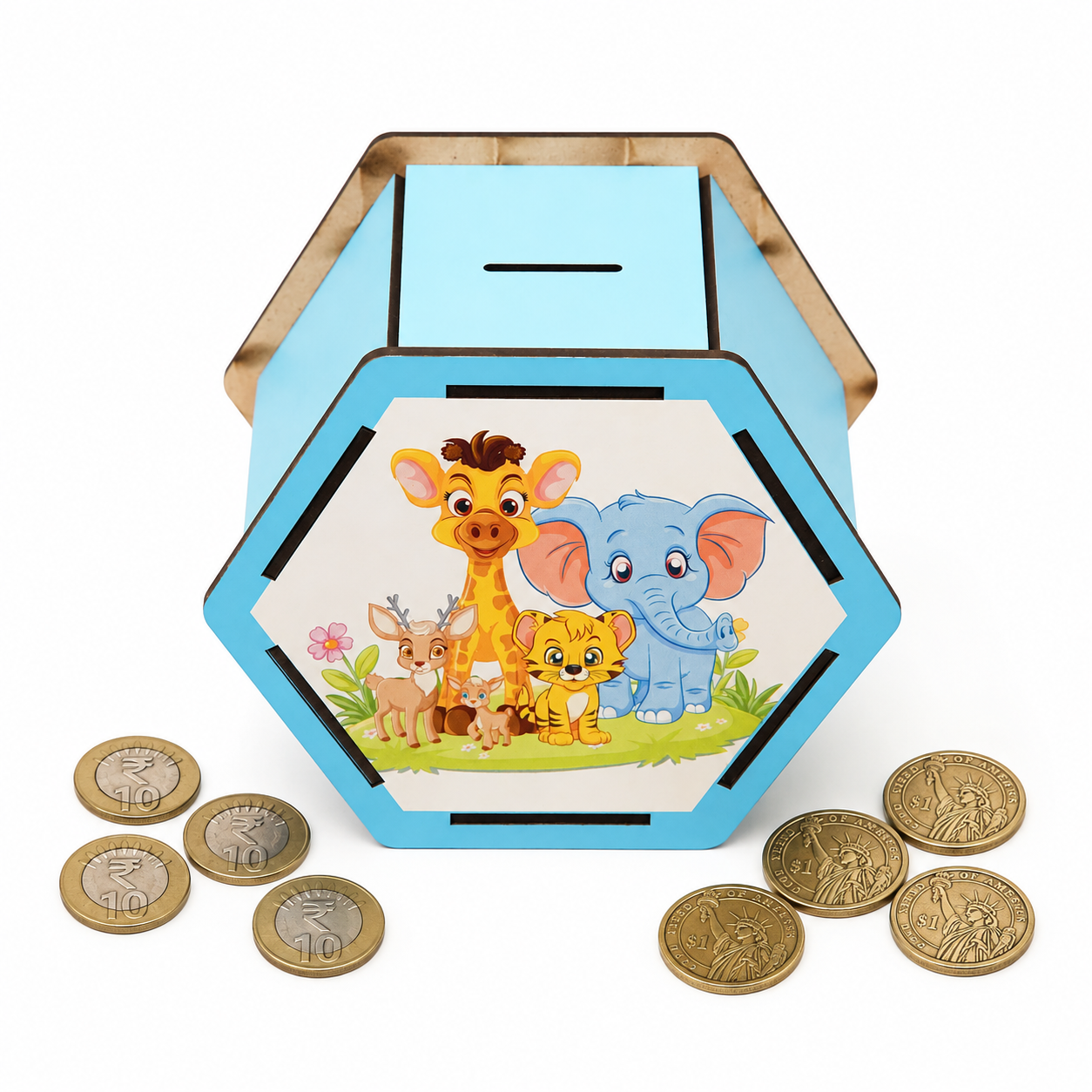Montessori Wooden Hexagonal Safari Animals Savings Bank & Coin Box