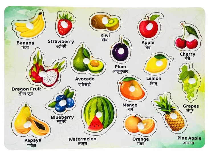 Montessori Wooden Bilingual Fruits Identification Peg Puzzle Board