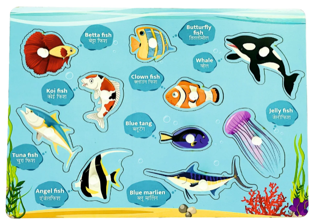 Montessori Wooden Bilingual Fish Species Identification Peg Puzzle Board