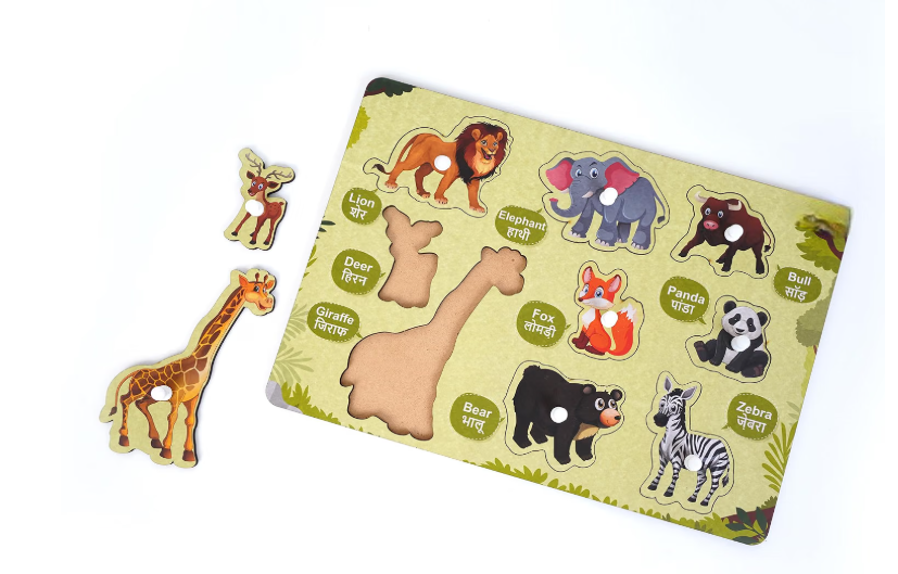 Montessori Wooden Bilingual Wild Animals Identification Peg Puzzle Board