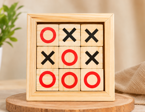 Classic Wooden Tic Tac Toe Tabletop Board Game with Storage Tray